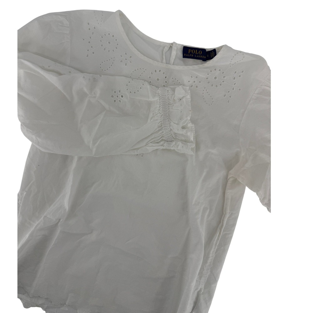 Polo Ralph Lauren Womens White Eyelet Embroidered Blouse Smocked Cuff Size 2‎